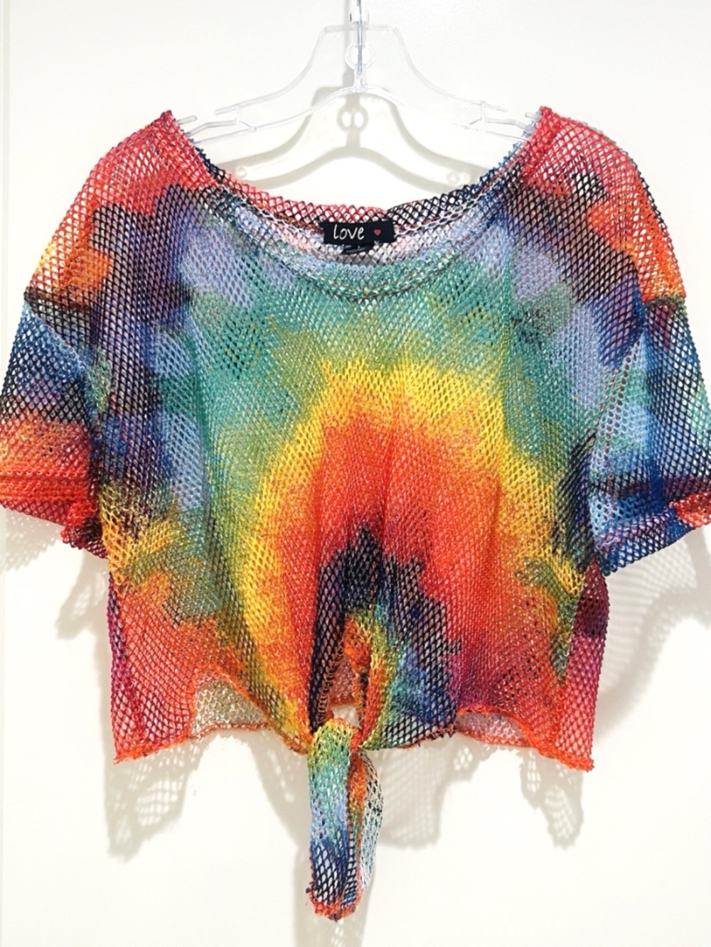 y2k Rainbow Tie Dye Fishnet Mesh Crop Top Front Knot Rave Festival Tee hippie L